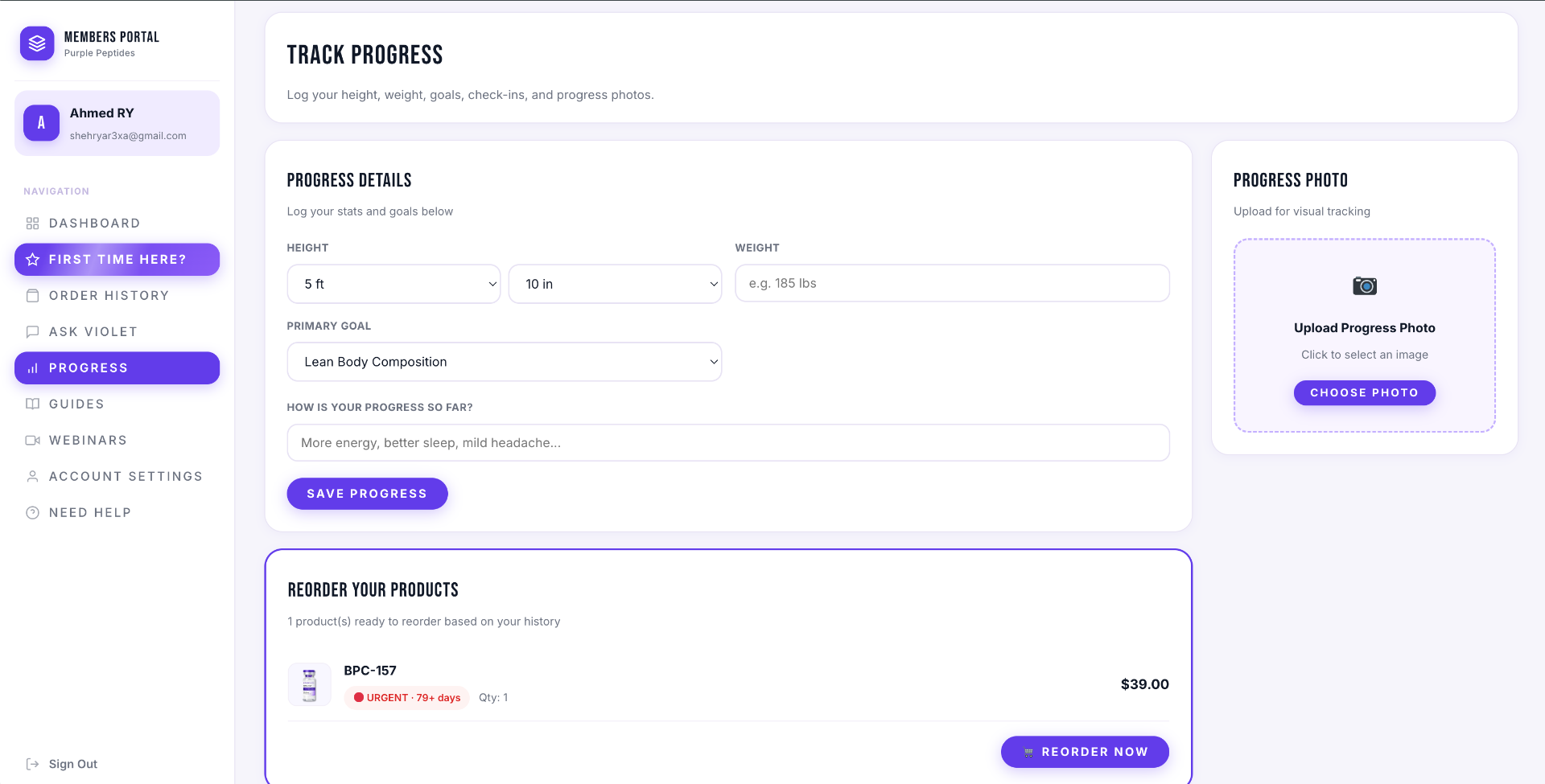 Purple Peptides member dashboard showing progress tracking, protocol guides, and reorder tools