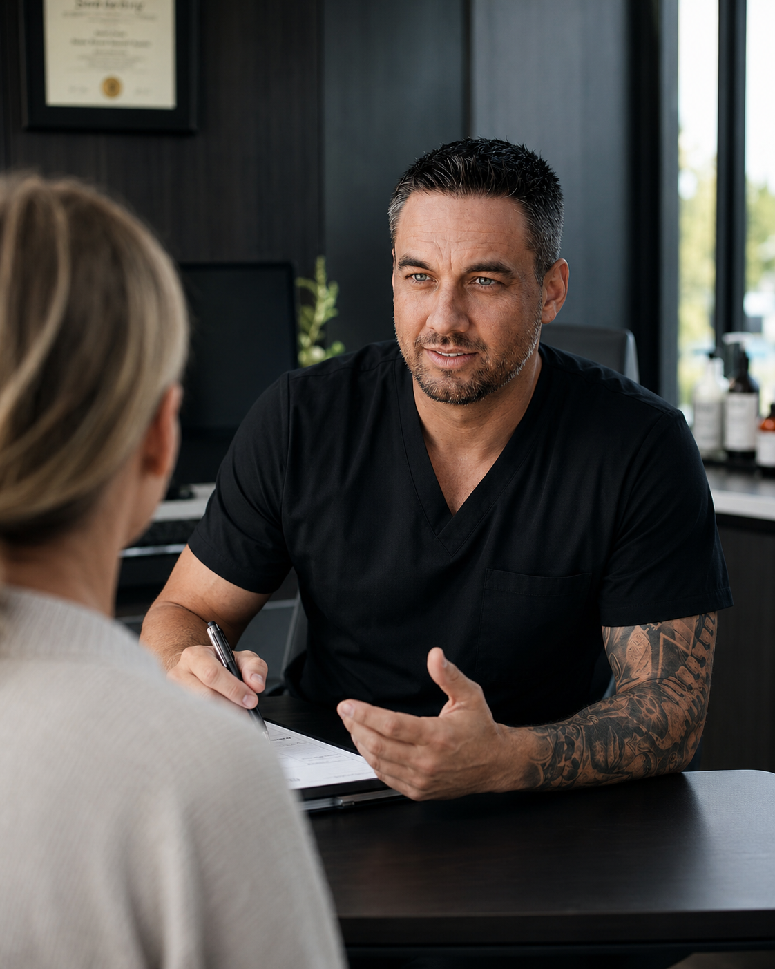 Lead physician consulting with a patient