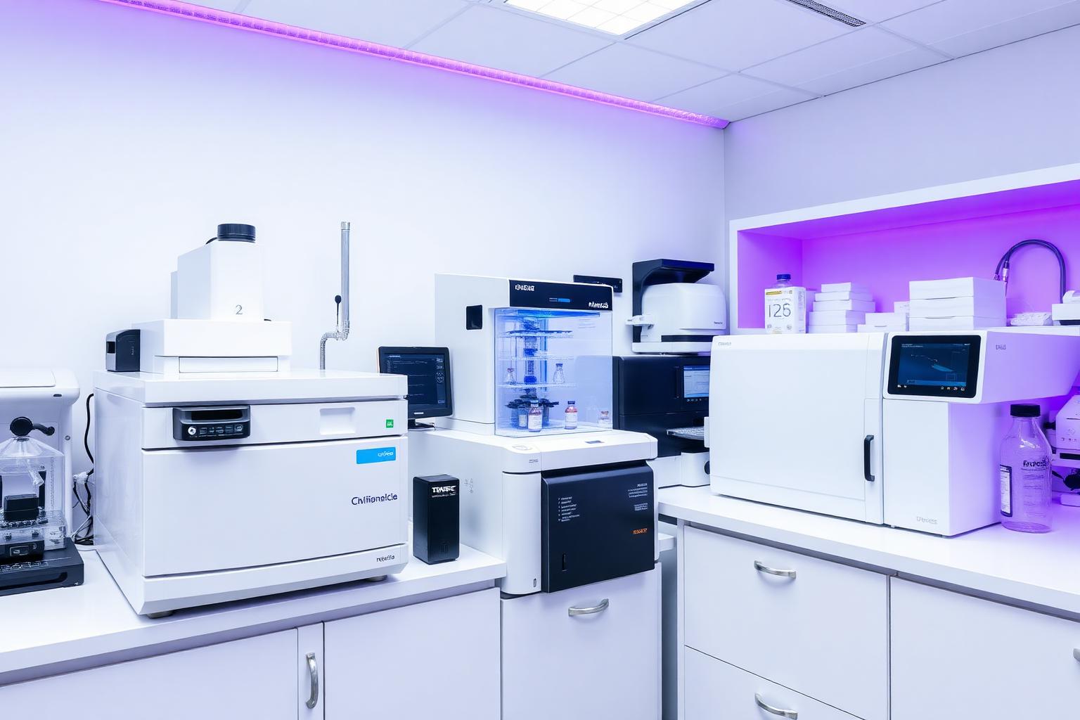 Analytical instrumentation in a Purple Research Labs testing suite