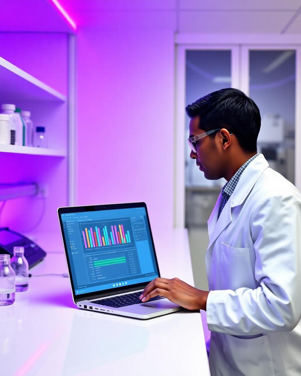 Analyst reviewing chromatography data on a laptop