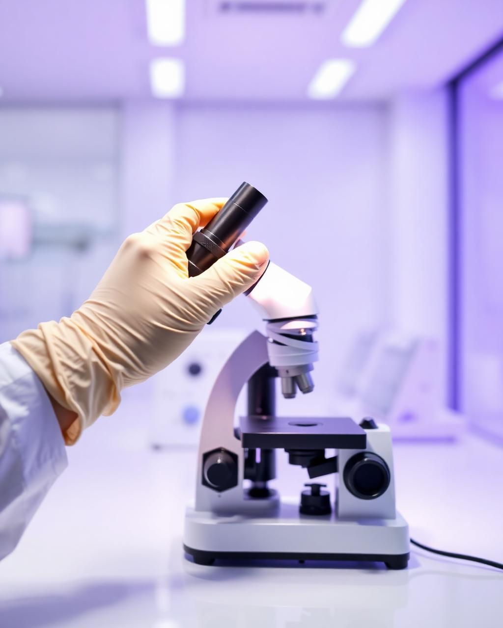 Gloved hand operating a microscope during quality review